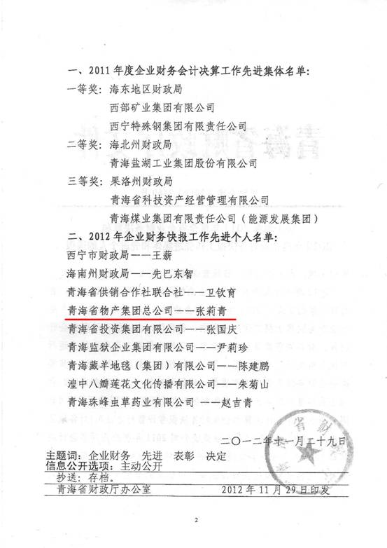 物產(chǎn)集團榮獲2011年度財務決算先進單位、2012年度財務快報工作先進個人表彰
